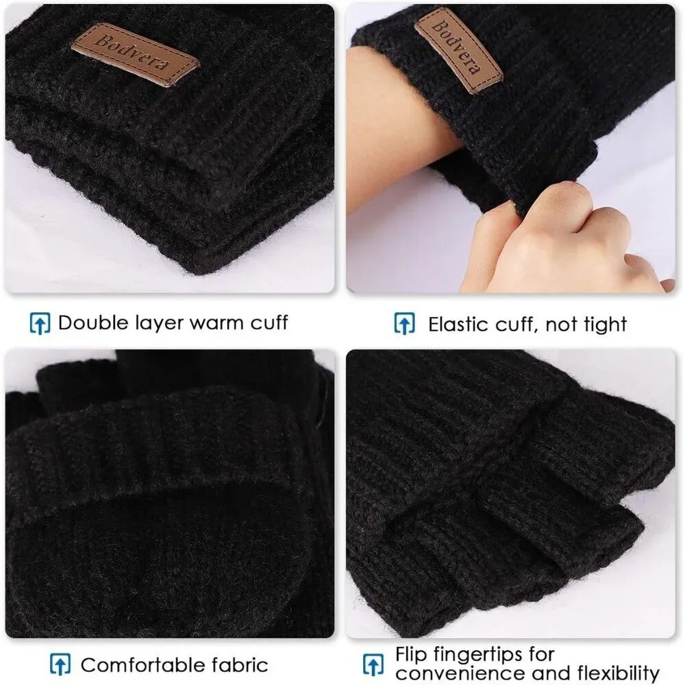 Women's Black Winter Warm Thermal Insulation Fingerless Texting Wool Gloves